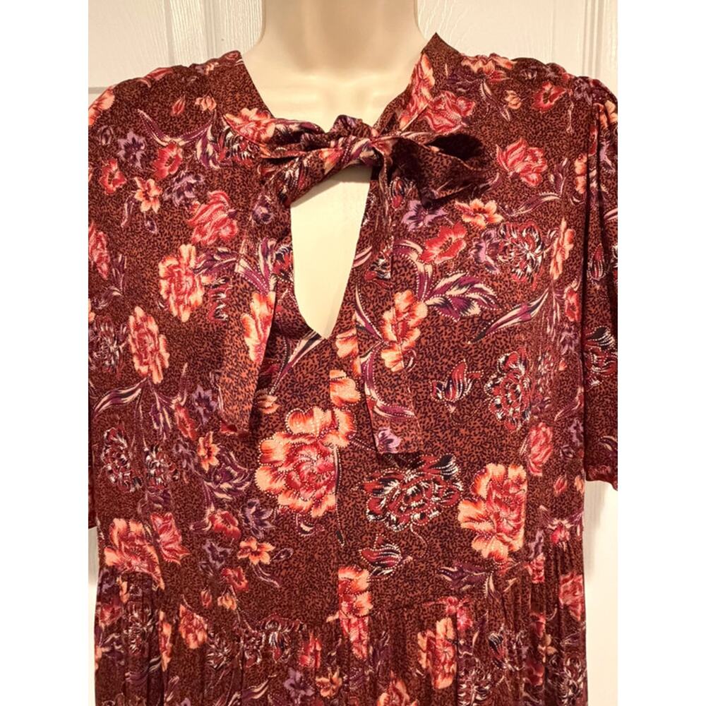 Good Hart Floral Boho Midi Dress Burgundy Rust Red Tie Neck Rayon Medium M - Picture 1 of 11